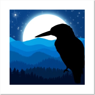 BLACK CROW BLUE SILENCE NIGHT SKY MOON LAPLAND Posters and Art